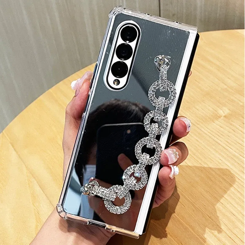 Color: Beige, Material: Denim - Luxury Rhinestone Bracelet Phone Cover For Samsung Galaxy Z Fold 6 5 4 3 Makeup Mirror Soft TPU Frame Shockproof Case For Woman