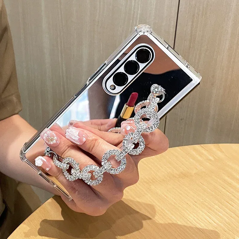 Color: Beige, Material: Denim - Luxury Rhinestone Bracelet Phone Cover For Samsung Galaxy Z Fold 6 5 4 3 Makeup Mirror Soft TPU Frame Shockproof Case For Woman