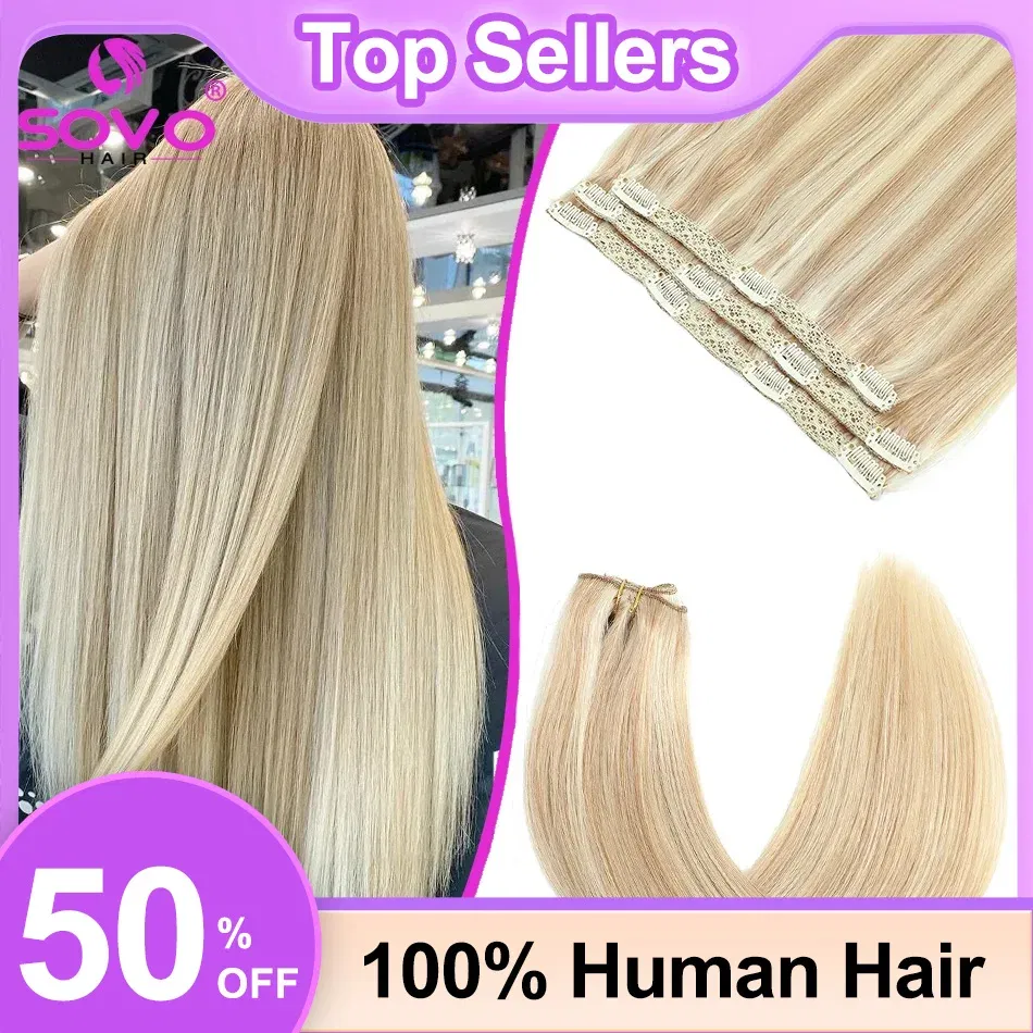 Color: #1B, Length: 16inches - SOVO Clip In Hair Extensions Human Hair 3 Pieces Bone Straight Clip Ins Hair Extension 60-90G Real Natural European Hair 12-26"