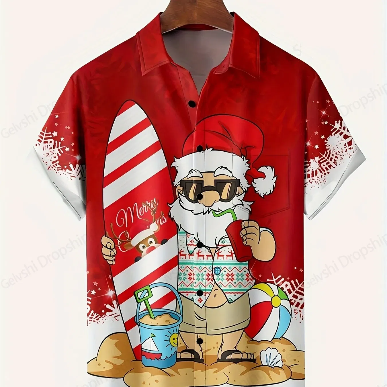 Color: Gold, Size: XL - Men's Retro Christmas Hawaiian Shirt Men Women Fashion Cartoon Santa Claus Shirts Short Sleeve Blouse Festive Holiday Top Elk