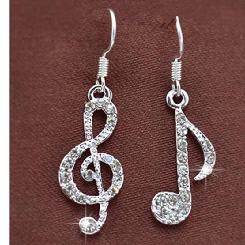 Fashion Romantic Elegent Drop Alloy Earrings Rhinestone Asymmetriy Musical Note Silver Color Earrings Women's Jewelry