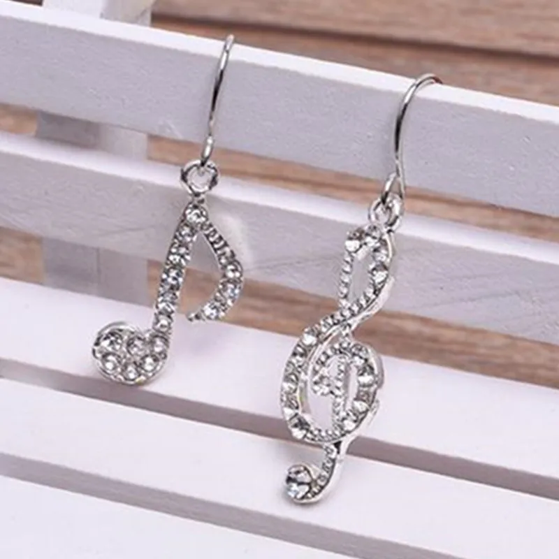Fashion Romantic Elegent Drop Alloy Earrings Rhinestone Asymmetriy Musical Note Silver Color Earrings Women's Jewelry