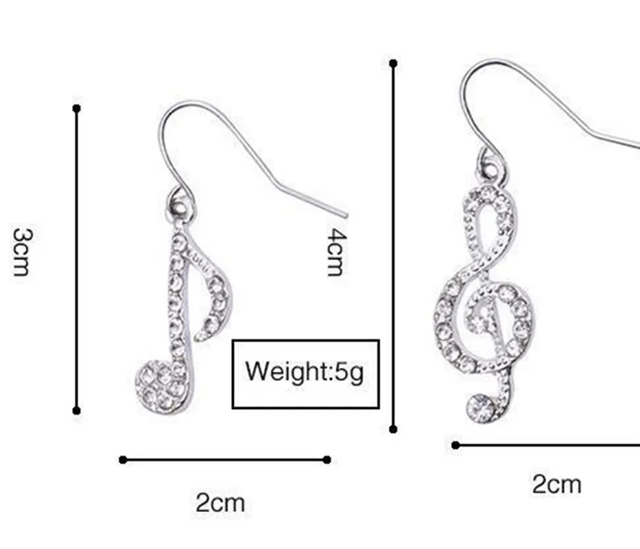 Fashion Romantic Elegent Drop Alloy Earrings Rhinestone Asymmetriy Musical Note Silver Color Earrings Women's Jewelry