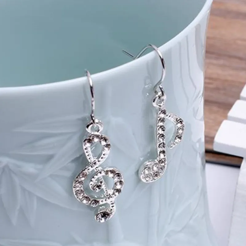Fashion Romantic Elegent Drop Alloy Earrings Rhinestone Asymmetriy Musical Note Silver Color Earrings Women's Jewelry