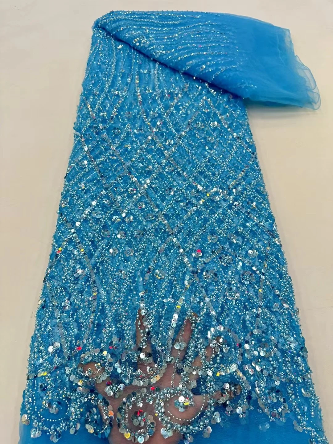 Color: WHITE, Width: 120cm, Length: 5 yards - Ni Ai African Sequins Beaded Groom Lace Fabric High Quality French Tulle Lace Fabric 2025 Embroidery Nigerian Lace Fabrics