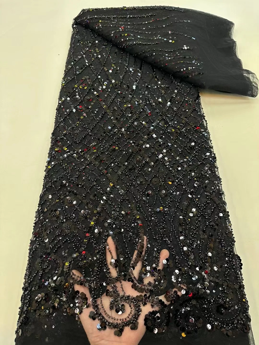 Color: WHITE, Width: 120cm, Length: 5 yards - Ni Ai African Sequins Beaded Groom Lace Fabric High Quality French Tulle Lace Fabric 2025 Embroidery Nigerian Lace Fabrics