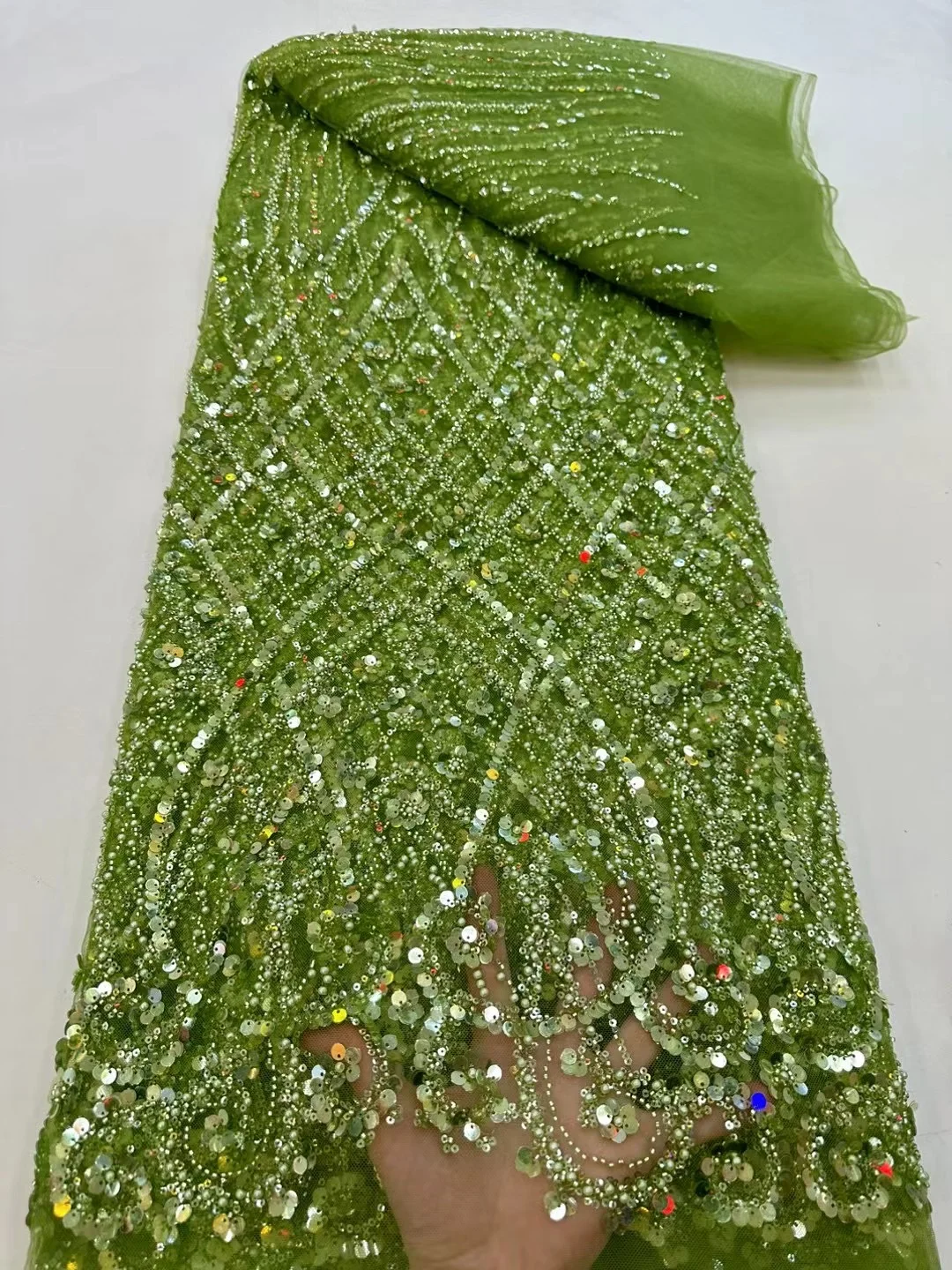 Color: WHITE, Width: 120cm, Length: 5 yards - Ni Ai African Sequins Beaded Groom Lace Fabric High Quality French Tulle Lace Fabric 2025 Embroidery Nigerian Lace Fabrics