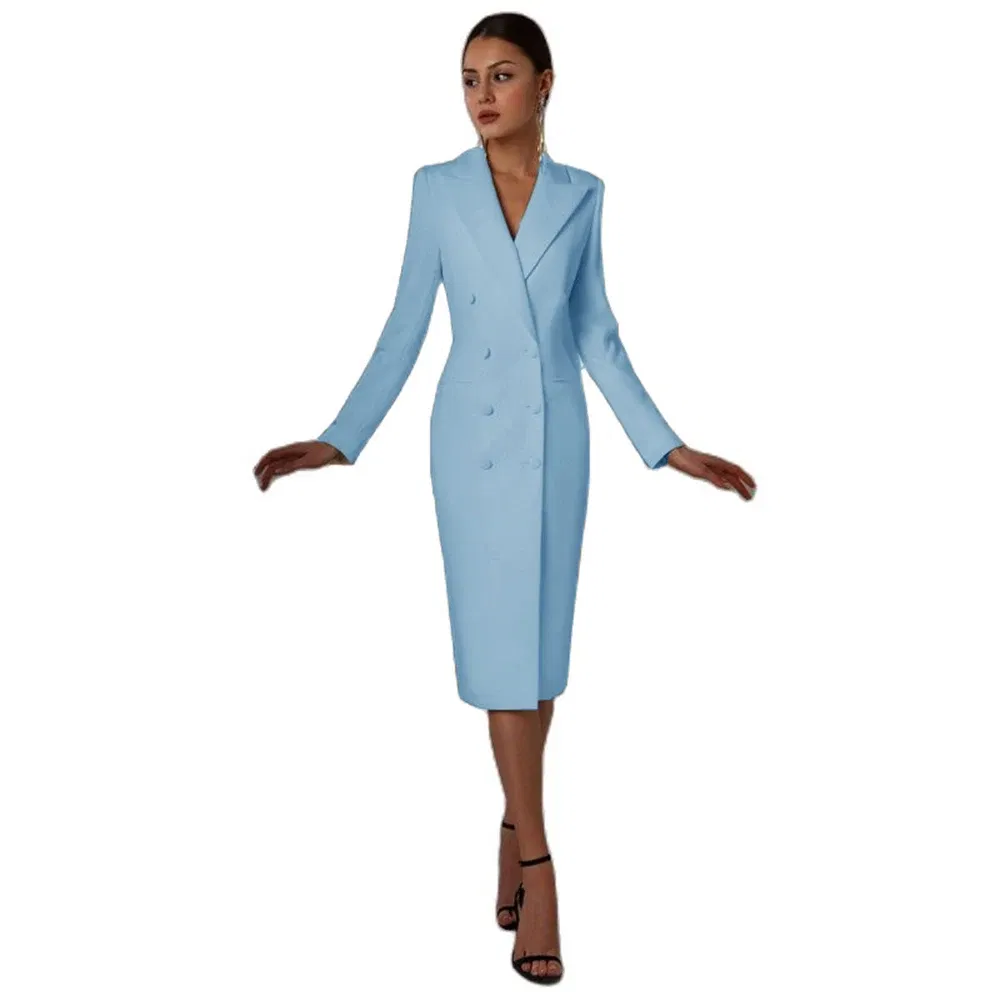 Color: SKY BLUE, Size: S - Women's Suit Long Blazer Double Breasted Jacket White Tuxedo Party Point Lapel Clothes спор?‚ивн?‹й кос?‚юм ?¶?µнск