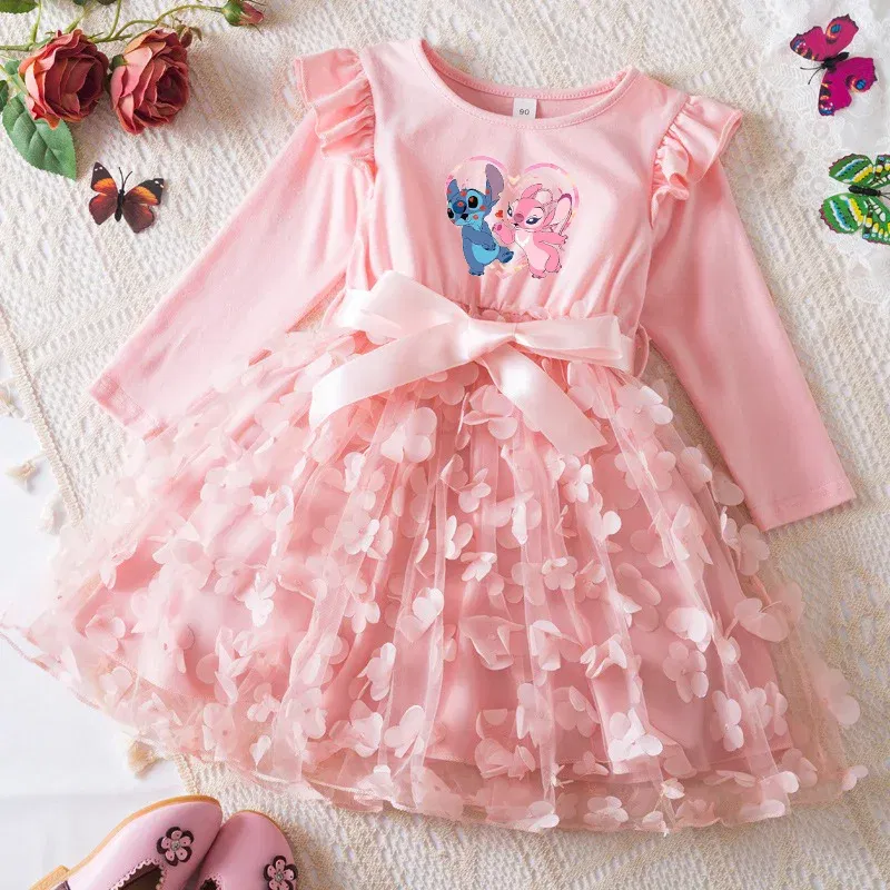 Color: Brown, Size: One Size, Height: 176 - Lilo Stitch Girl Baby Dresses Spring Autumn Child Long Sleeve Sweet Princess Dress Mesh Newborn Casual Dress Birthday Party 2-6Y