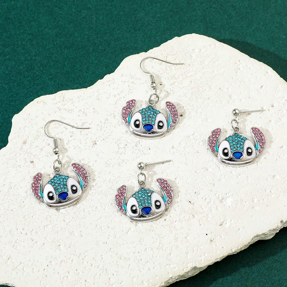 Metal Color: Gold-color - Disney Stitch Earrings for Women, Cute Anime Rhinestone Pendant, Fashion Jewelry Accessories, Gifts