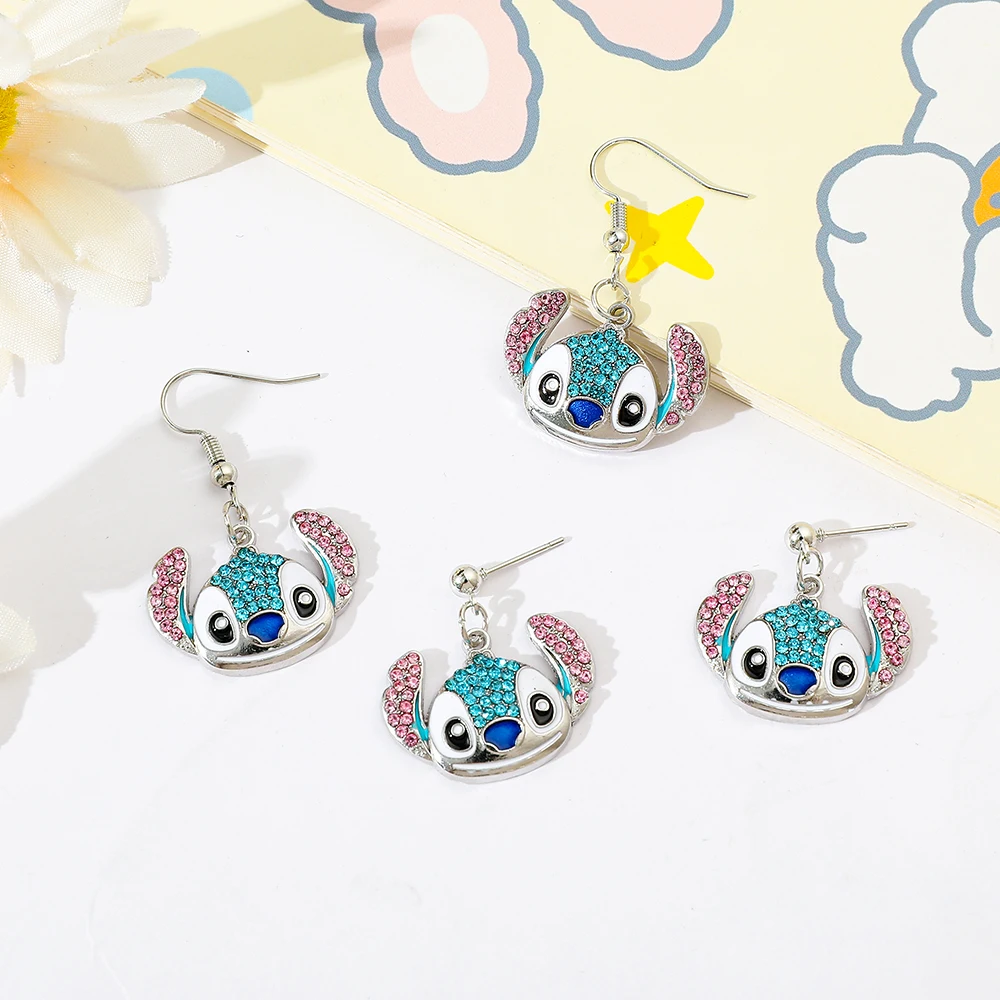 Metal Color: Gold-color - Disney Stitch Earrings for Women, Cute Anime Rhinestone Pendant, Fashion Jewelry Accessories, Gifts