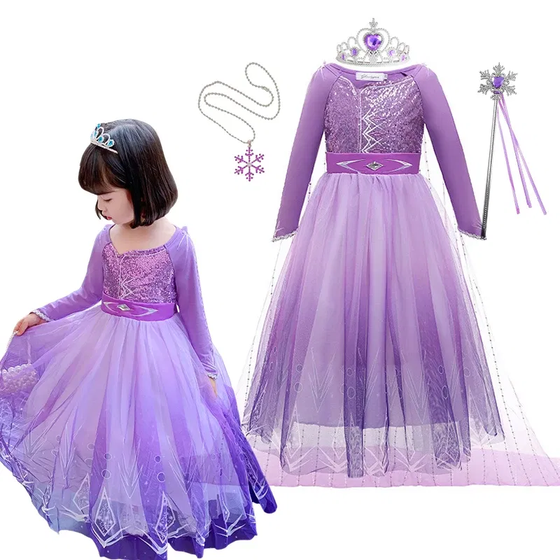 Kid Size: 9, Color: PURPLE - Disney Frozen Anna Elsa Girls Princess Dresses Mesh Sequin Dress Kids Cosplay Snow Queen Costumes Carnival Birthday Party Gowns