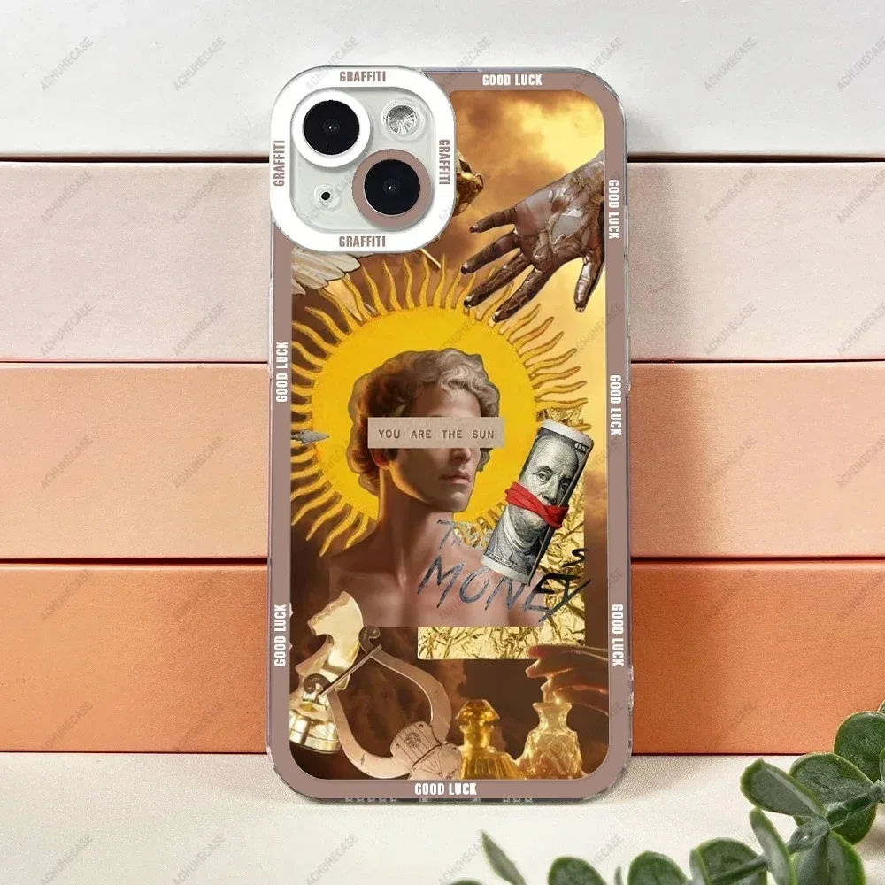 Color: GRAY, Material: Genuine leather - Aesthetic Statue Art Phone Case For iPhone 16 15 14 13 12 11 Pro Max XS X XR Plus Mini Luxury Transparent Soft Funda