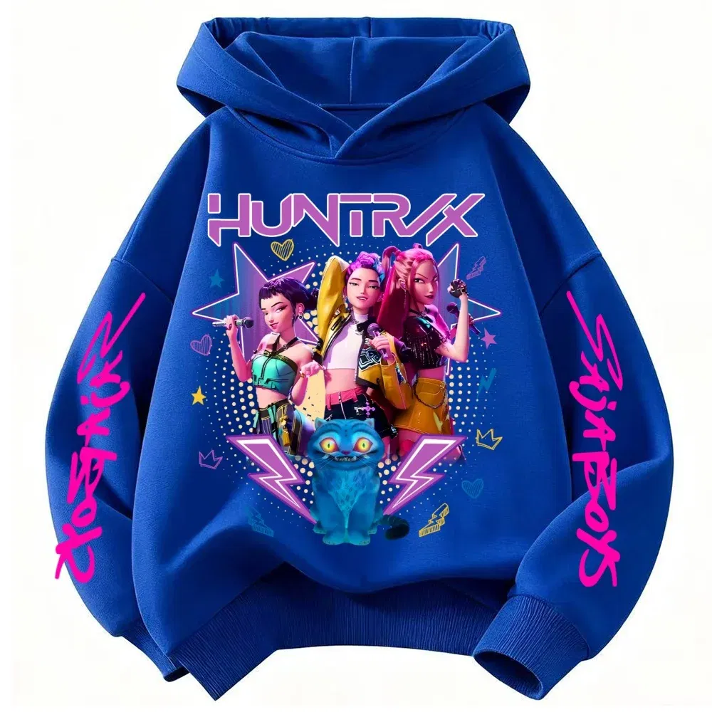 Color: Blue, Kid Size: 7 - Demone Hunter Girl's Pink Hooded Streetwear Autumn Cute Anime Baby Pullover Kids Y2K Kawaii Long Sleeved T-shirt Casual Clothes