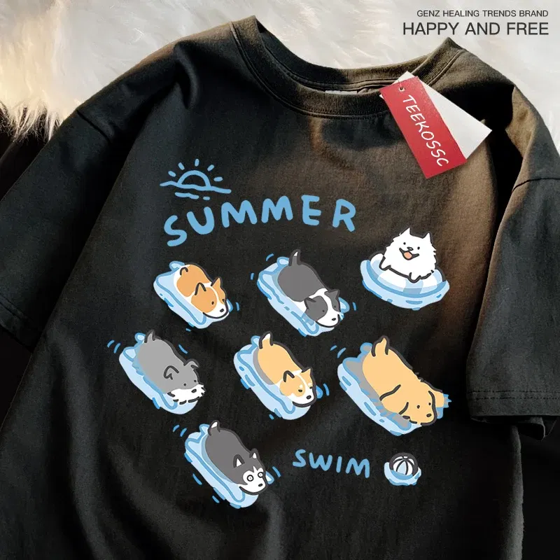 Color: Dark Grey, Size: L - Fun Cat And Dog Swimming Japanese Style T-Shirt Female Casual Loose T-Shirts Summer Cotton Tops Fashion Breathable Tee Clothing