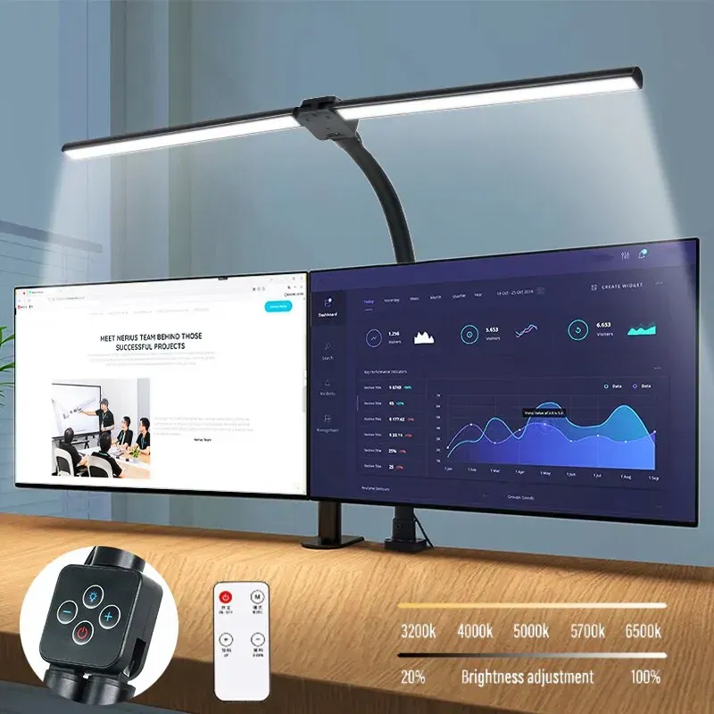 Body Color: Beige, Color: Yellow - Double Head LED Clip Remote Control Desk Lamp Architect Table Lamp for Home Office Lighting 5 Color Modes and 5 Dimmable