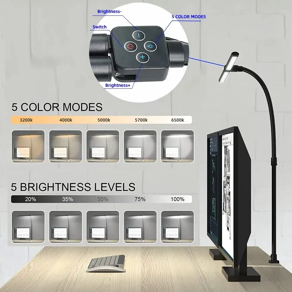 Body Color: Beige, Color: Yellow - Double Head LED Clip Remote Control Desk Lamp Architect Table Lamp for Home Office Lighting 5 Color Modes and 5 Dimmable
