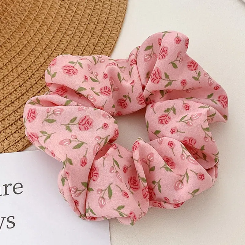 Color: Black - Gentle Sweet Women Floral Hair Ties Scrunchies Tulip Rose Flower Hair Rope Summer Ponytail Holder Rubber Band Hair Accessories
