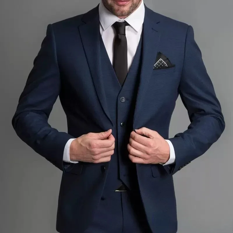 Color: Navy Blue, Size: 4XL - 3 Piece Navy Blue Male Suits Slim fit Notched Lapel  Wedding Tuxedos Sets Tailor Made Business Mens Costume (Blazer+Pants+Vest)