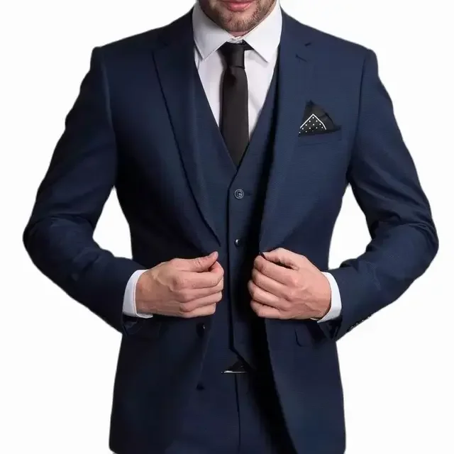 Color: Navy Blue, Size: 4XL - 3 Piece Navy Blue Male Suits Slim fit Notched Lapel  Wedding Tuxedos Sets Tailor Made Business Mens Costume (Blazer+Pants+Vest)