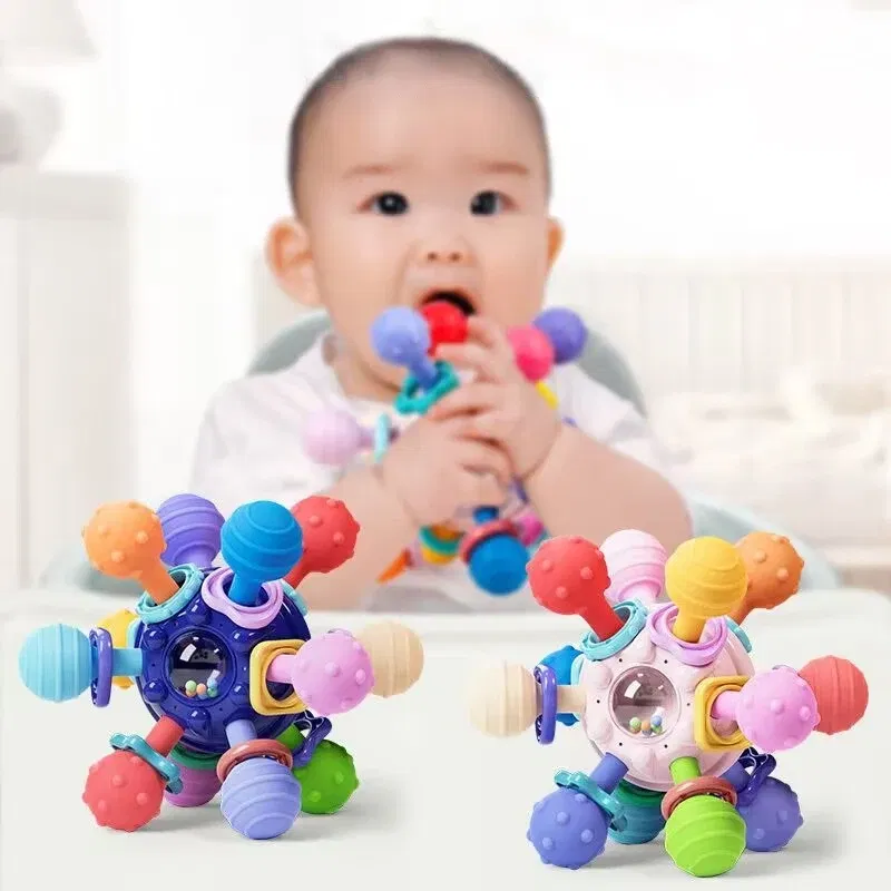 Color: Light Grey - Montessori Baby Toys 0 12 Months Rotating Rattle Silicone Teething Toys Ball Grasping Activity Development Baby Sensory Toy