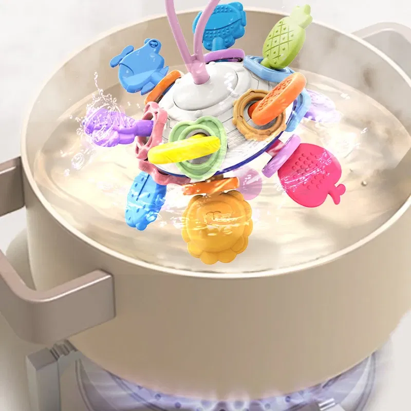 Color: Light Grey - Montessori Baby Toys 0 12 Months Rotating Rattle Silicone Teething Toys Ball Grasping Activity Development Baby Sensory Toy