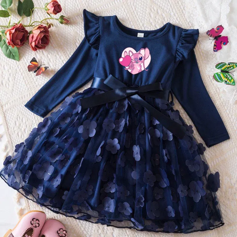 Color: Bright Yellow, Size: One Size, Height: 158 - Lilo Stitch Girl Baby Dresses Spring Autumn Child Long Sleeve Sweet Princess Dress Mesh Newborn Casual Dress Birthday Party 2-6Y