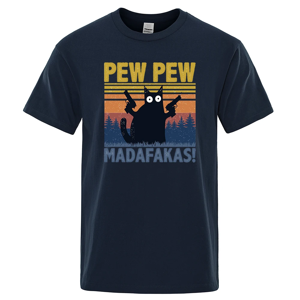 Color: Navy Blue, Size: XL - Pew Pew Madafakas Tshirt Men Short Sleeve Novelty Funny Cat T Shirt Cotton Oversize Tops Shirts Tee T-Shirt Crew Neck Streetwear