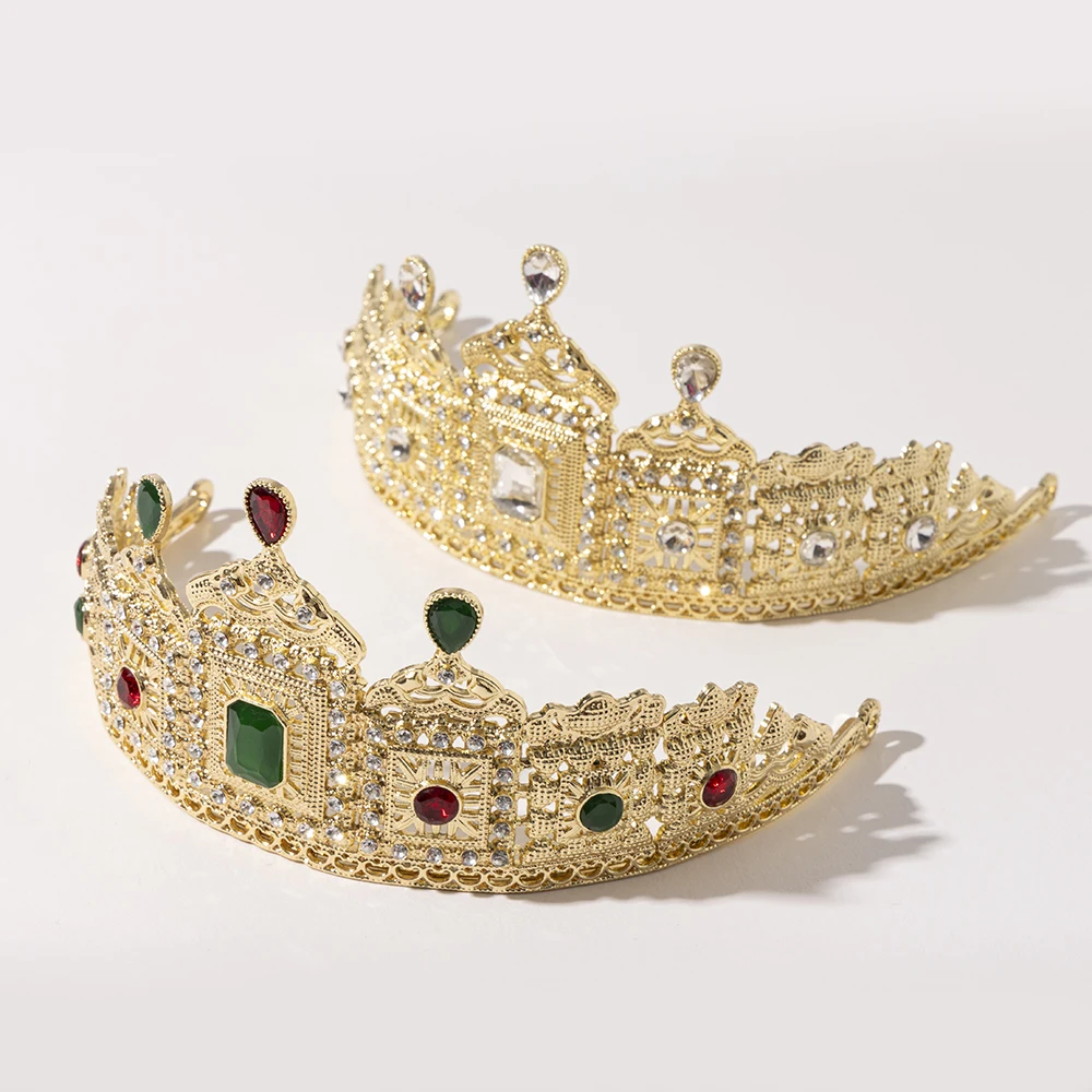 Metal color: Light Yellow Color - LUIZADA European Princess Queen Round Headdress Moroccan Bride Crystal Crown King Bride Headdress Wedding Hair Accessories