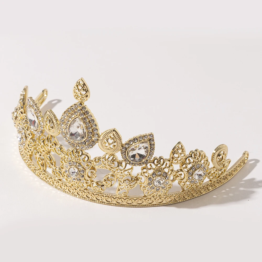 Metal color: Light Yellow Color - LUIZADA European Princess Queen Round Headdress Moroccan Bride Crystal Crown King Bride Headdress Wedding Hair Accessories