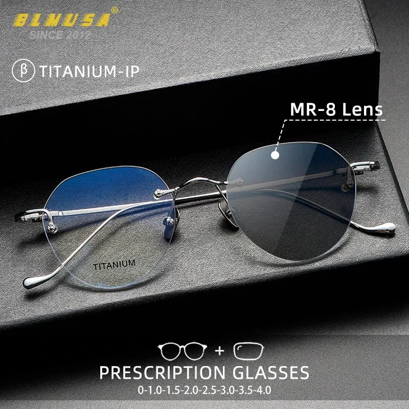 Frame Color: black, Eye Prescription: +200 - BLMUSA Pure Titanium Rimless Anti-blue Light Reading Glasses for Men Round Photochromic Optical Prescription with MR-8 lens