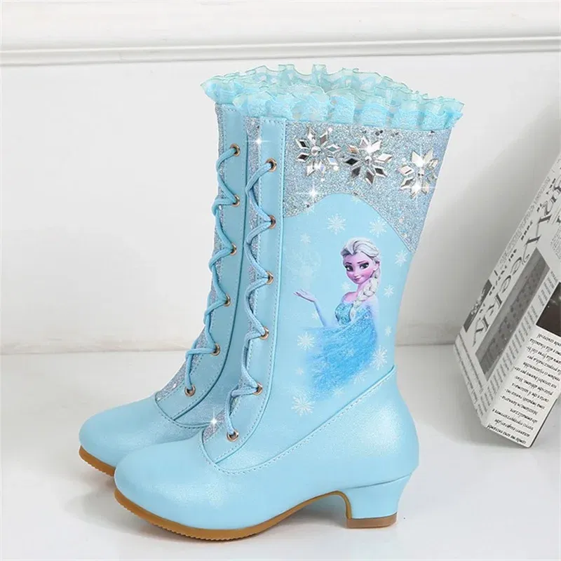 Color: Pink, Shoe Size: 5 - Disney Girls' Leather Boots Winter Frozen Boots Side Zipper High Plush Princess Elsa Boots Warm Children's Boots Size 27-37
