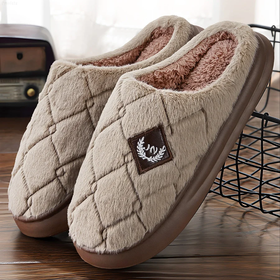Color: Blue, Shoe Size: 46-47 - Men's House Slippers Furry Plaid cozy EVA Memory Foam Lightweight Casual Shoes Winter Warm Plush Non-slip Slippers big size