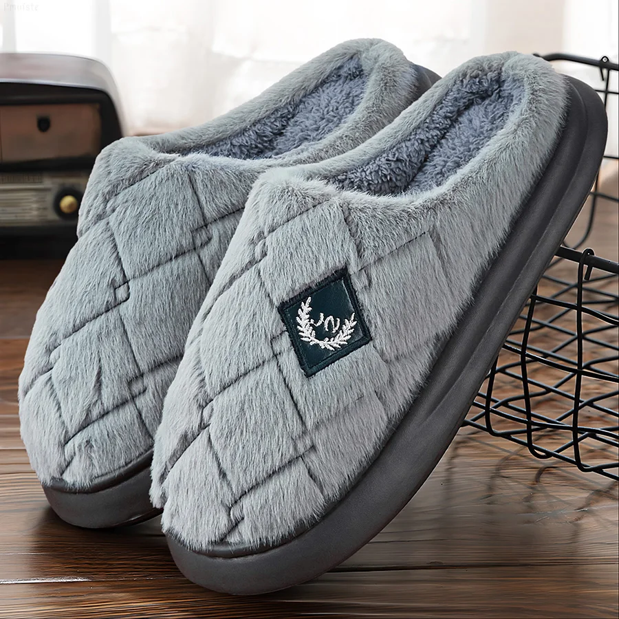 Color: Blue, Shoe Size: 46-47 - Men's House Slippers Furry Plaid cozy EVA Memory Foam Lightweight Casual Shoes Winter Warm Plush Non-slip Slippers big size