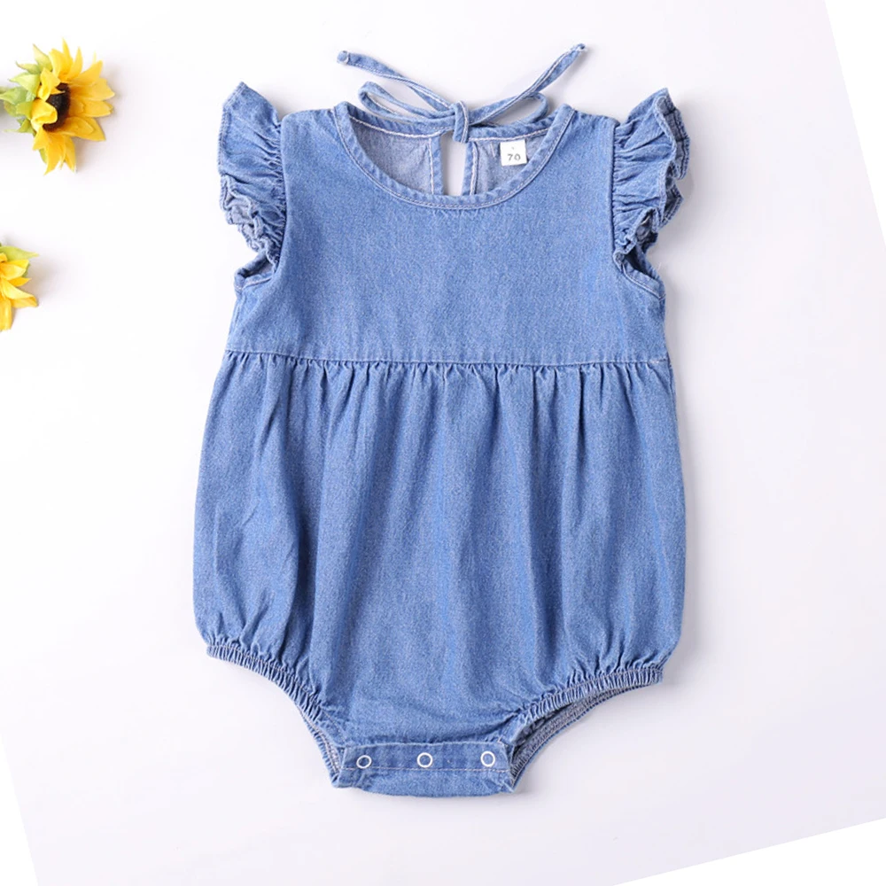Color: Blue, Kid Size: 12M - Baby Girls Rompers Toddler Ruffles Romper Cotton Denim Fly Sleeveless Summer Bodysuit Sunsuit Outfits Newborn Infant Jumpsuit