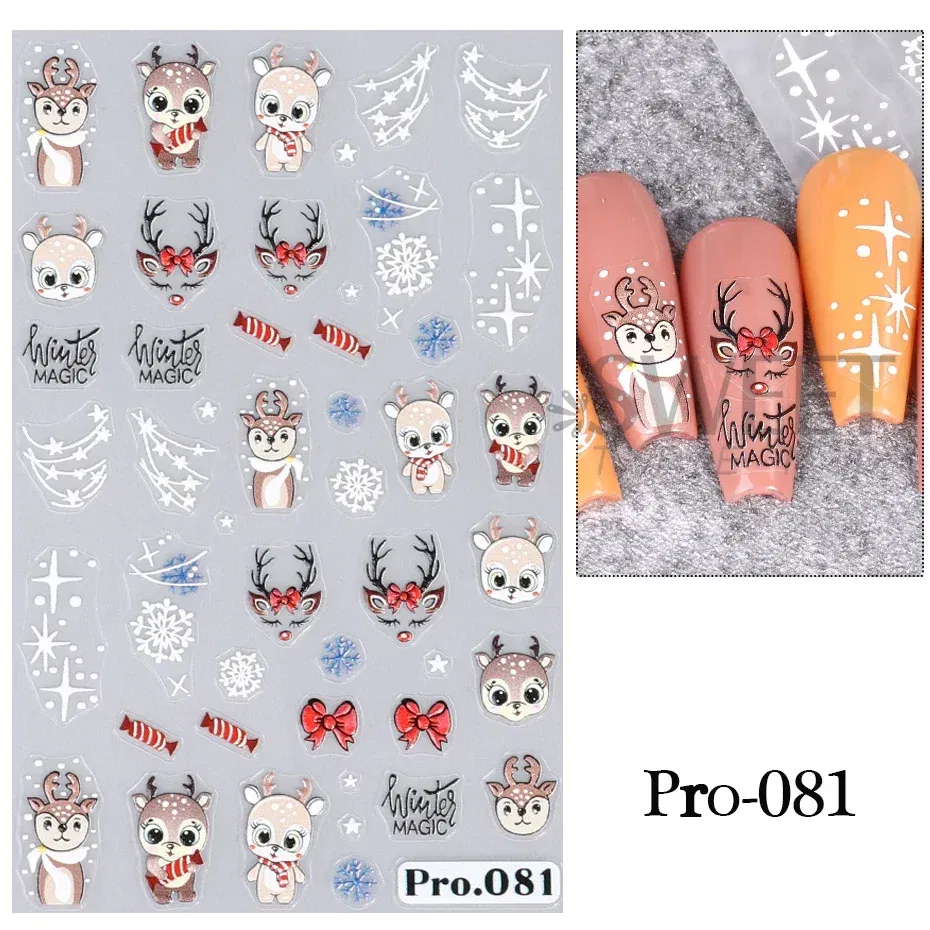 Color: Beige - 5D Embossed Elk Nail Art Sticker Cute Christmas Winter Santa Claus Snowflake Gingerbread Man Engraved Slider Manicure Decoration