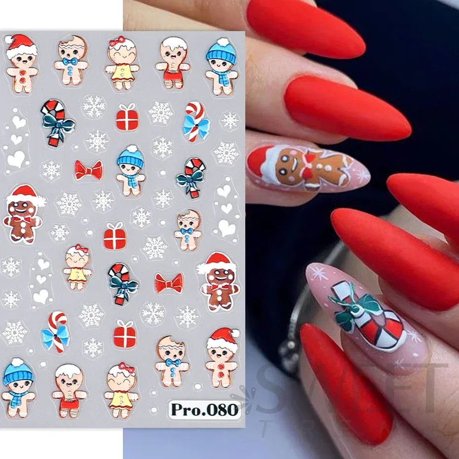 Color: Beige - 5D Embossed Elk Nail Art Sticker Cute Christmas Winter Santa Claus Snowflake Gingerbread Man Engraved Slider Manicure Decoration