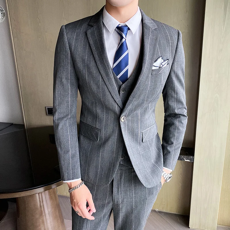 Color: Champagne, Size: S - Gray Men Classic Striped/Checked Suits, Business Office 3 Piece, Asian Size Slim Fit Men Dress Jacket & Pants with Vest, S-4XL