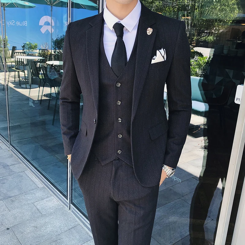 Color: Turquoise, Size: XXL - Gray Men Classic Striped/Checked Suits, Business Office 3 Piece, Asian Size Slim Fit Men Dress Jacket & Pants with Vest, S-4XL