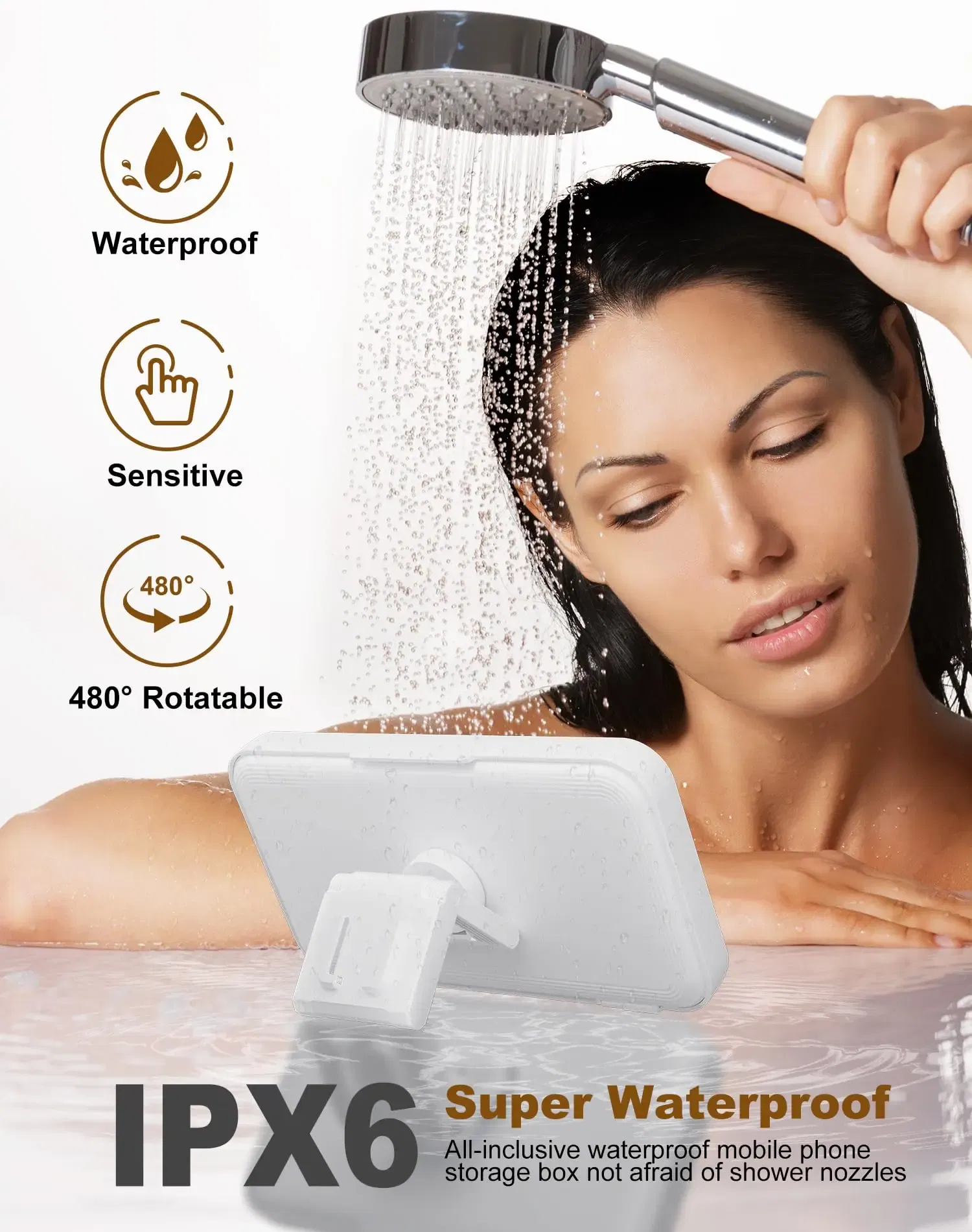Color: WHITE - Shower Phone Holder with Speaker  480 Rotation, Wall Phone Mount for Shower Waterproof Anti Fog Shower Case for 4-7" Phones