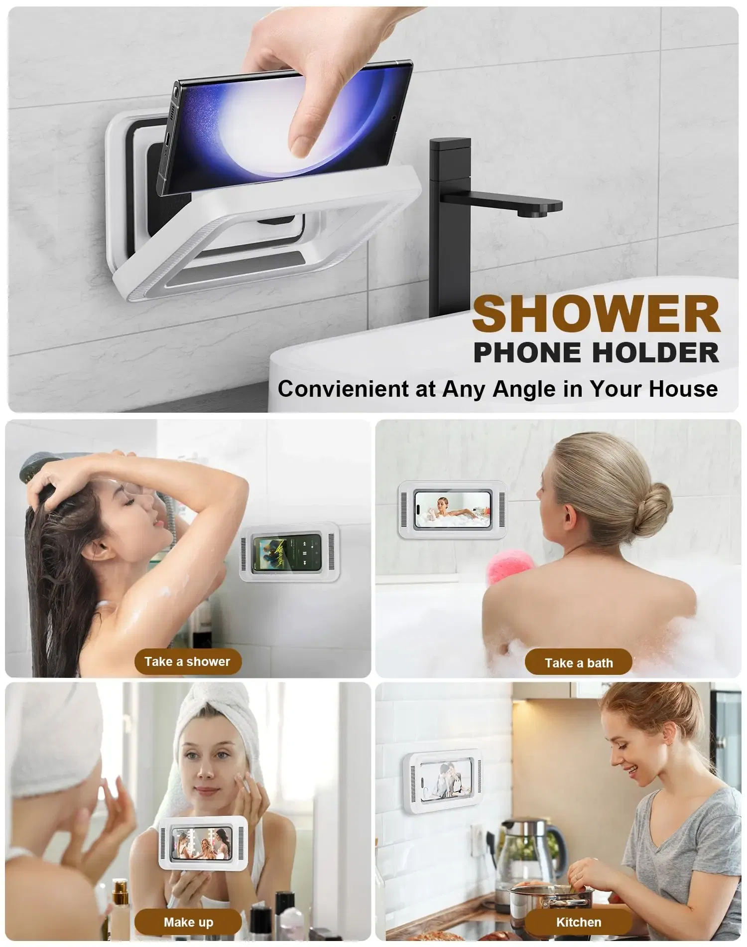 Color: WHITE - Shower Phone Holder with Speaker  480 Rotation, Wall Phone Mount for Shower Waterproof Anti Fog Shower Case for 4-7" Phones