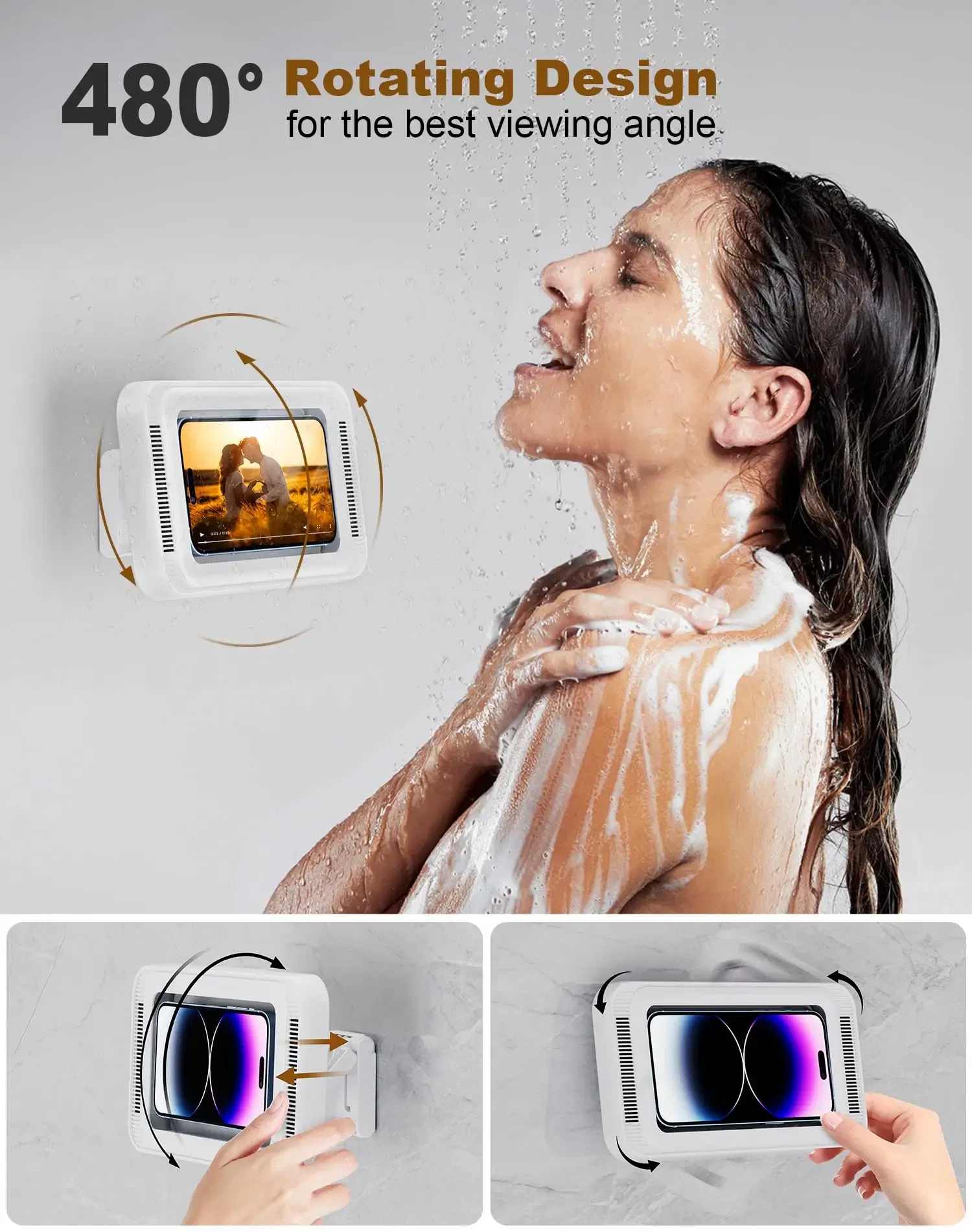 Color: WHITE - Shower Phone Holder with Speaker  480 Rotation, Wall Phone Mount for Shower Waterproof Anti Fog Shower Case for 4-7" Phones