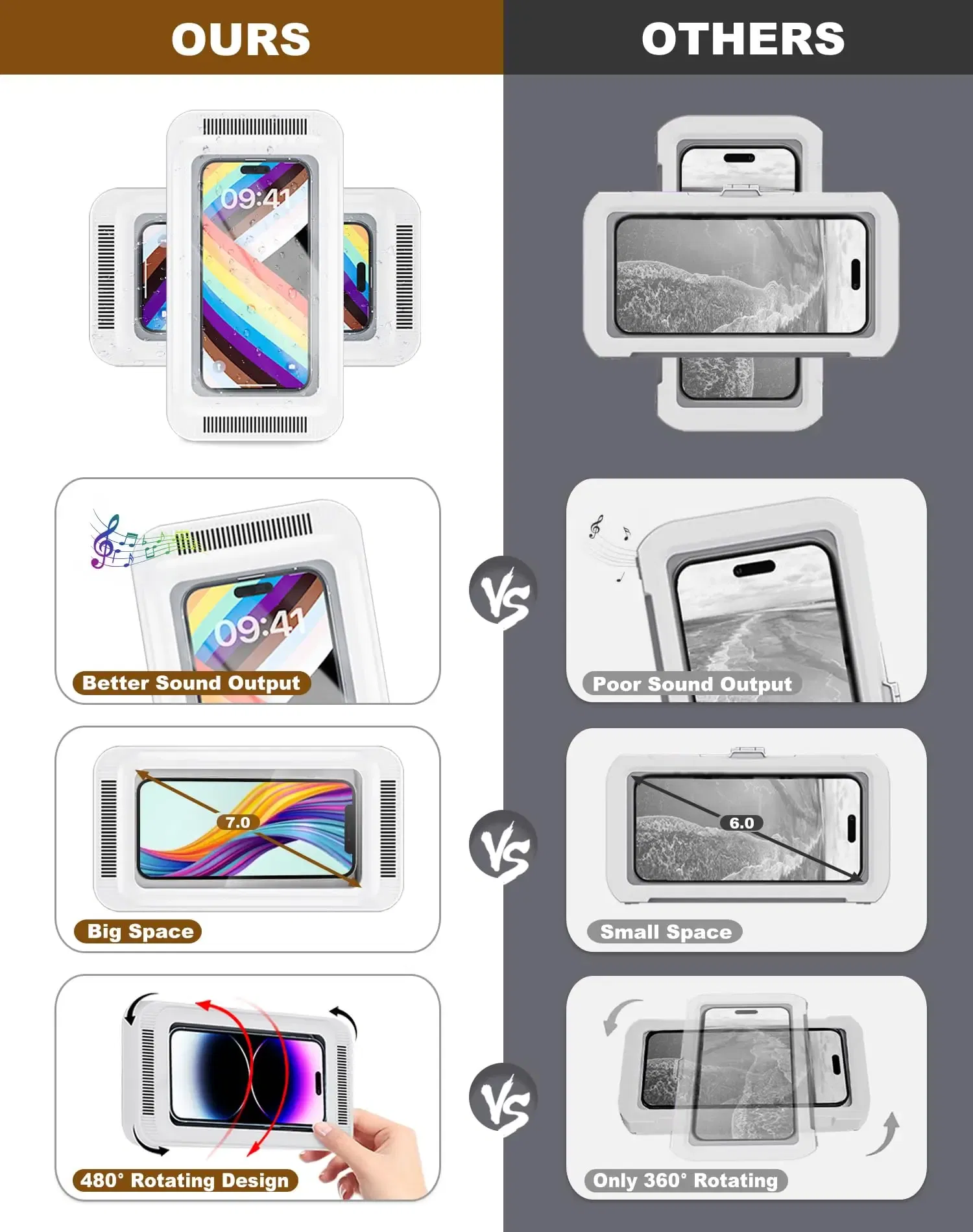 Color: WHITE - Shower Phone Holder with Speaker  480 Rotation, Wall Phone Mount for Shower Waterproof Anti Fog Shower Case for 4-7" Phones