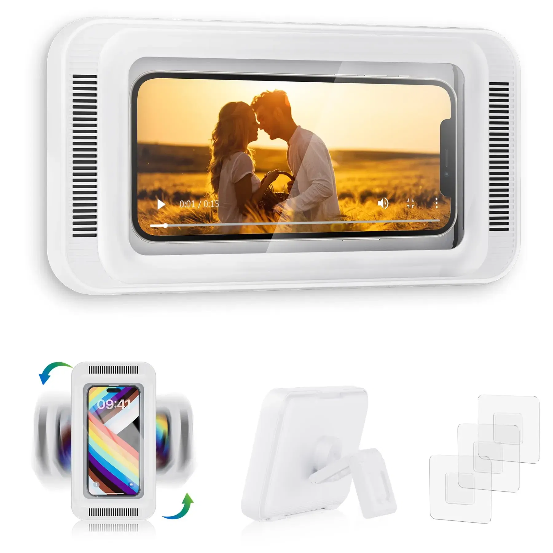 Color: WHITE - Shower Phone Holder with Speaker  480 Rotation, Wall Phone Mount for Shower Waterproof Anti Fog Shower Case for 4-7" Phones