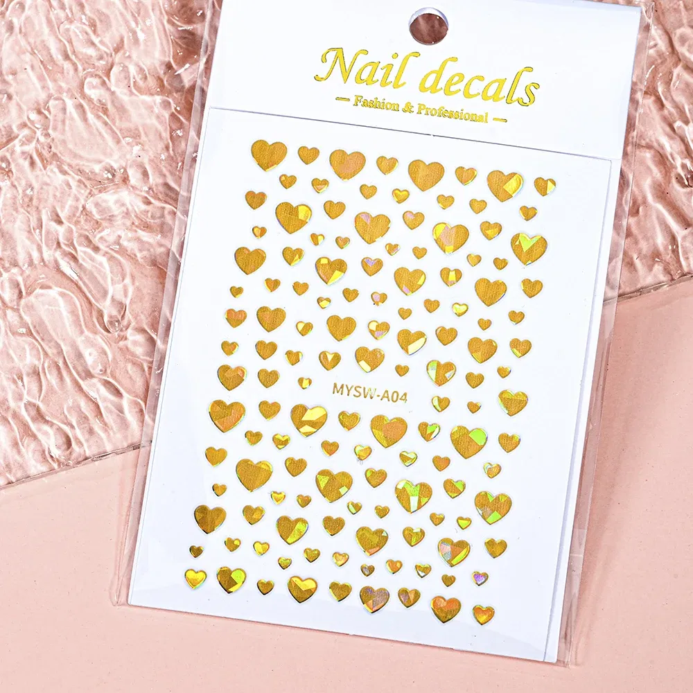 Color: Red - 1Pcs 3D Heart Love Nail Sticker Laser Colorful Self-Adhesive Slider Decals 8*10cm Valentines Day Sticker for Nail Decorations #N