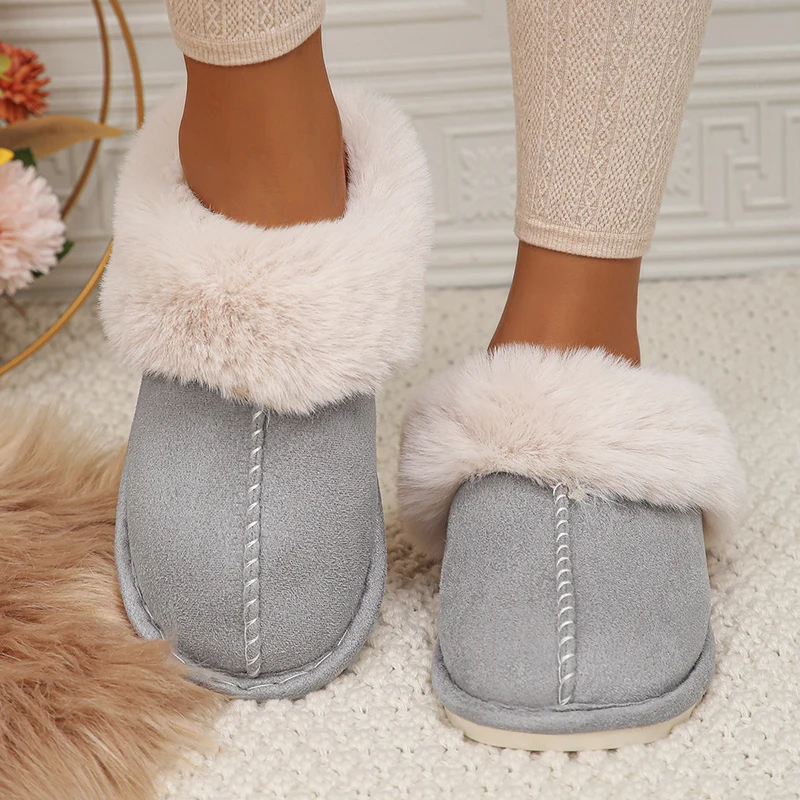 Color: Pink, Shoe Size: 44 - Closed Toe Warm Cotton Slippers Women Faux Fur Thicken Plush Winter Home Shoes Woman Lightweight Casual Indoor Slides Female