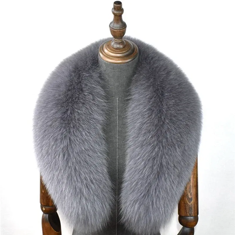 Color: Navy Blue, Size: XXXL - 100% Natural Real Fox Fur Collar For Women Men Coat Jacket Fur Scarf Winter Extra Large Size Neck Warmer Fur Scarf Shawls Wraps
