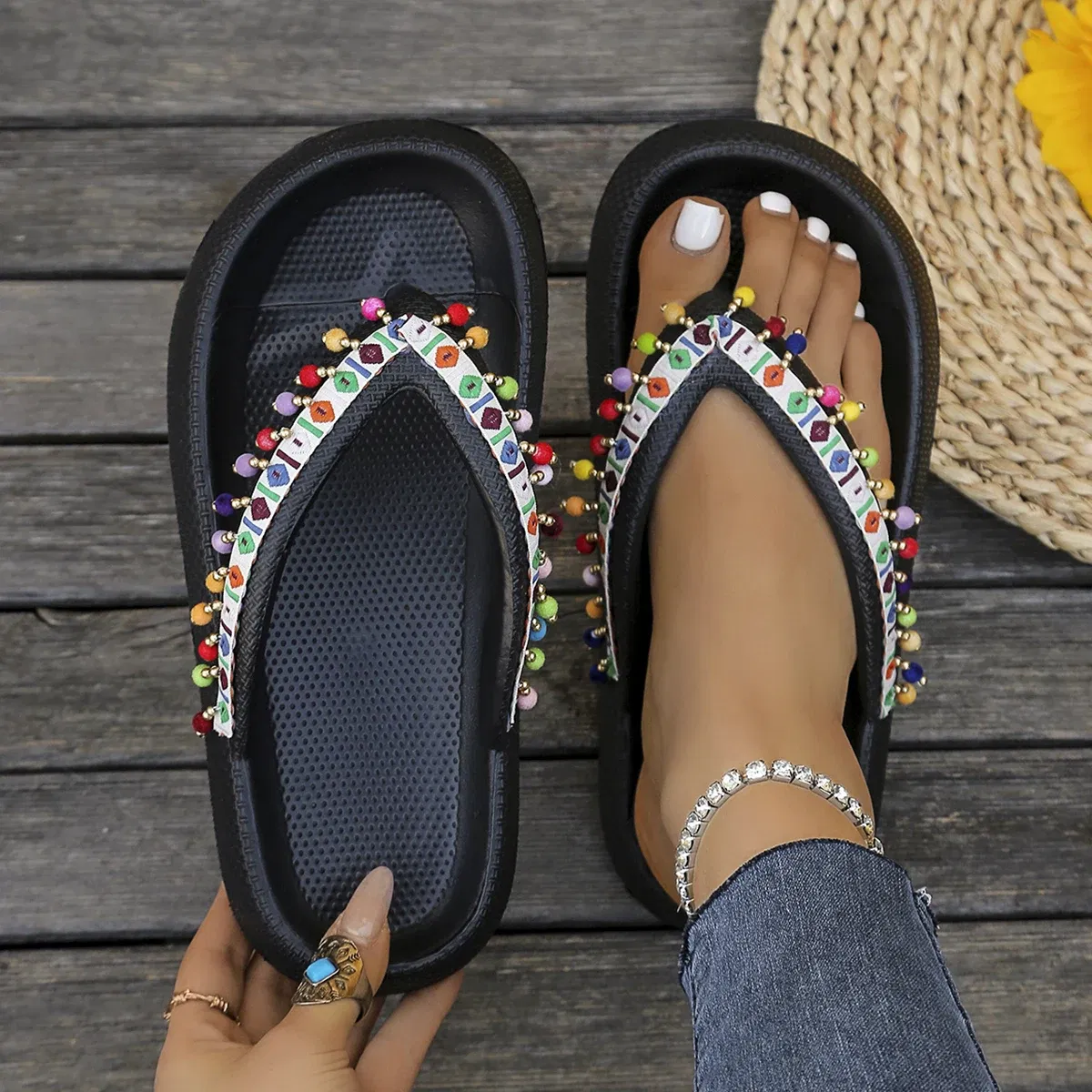 Color: Lake Blue, Shoe Size: 42-43 - Summer Multi Color Women's Flip Flops Fashionable Metallic Teddy Bear Bow Slide Sandal Beach Vacation Home Versatile  Footwear