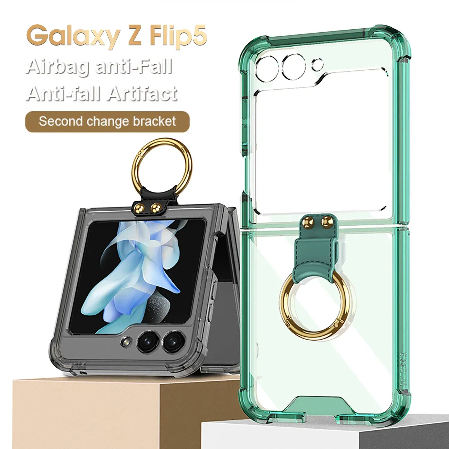 Material: ABS, Color: Blue - Transparent Electroplated Airbag Ring Phone Case for Samsung Galaxy Z Flip 5 4 3 5G Flip5 Flip4 Flip3 5G Stand Shockproof Cover