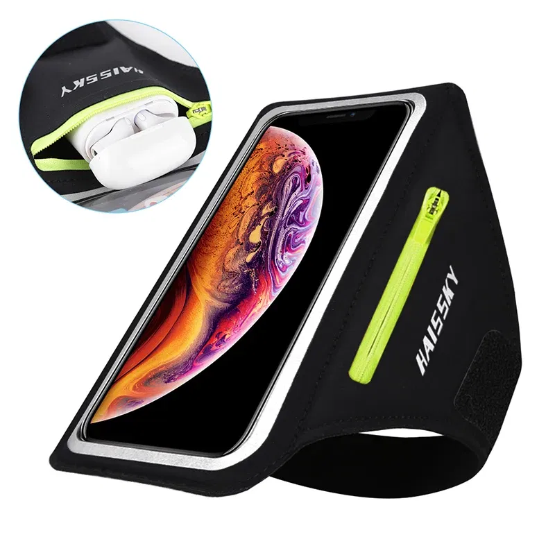 Color: Green - HAISSKY Running Sport Armbands For iPhone 15 14 13 12 11 Pro Max 14 Plus Samsung S23 Ultra Zipper Arm Bag Case For AirPods Pro 3